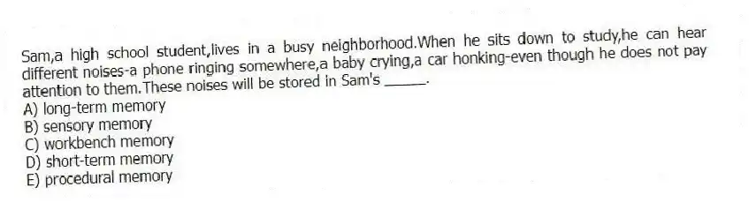 Sam,a high school student,lives in a busy neighborhood.When he sits down to study,he can hear different noises-a phone ringing somewhere,a baby crying,a car honking-even though he does not pay attention to them.These noises will be stored in Sam's _____.
A) long-term memory
B) sensory memory
C) workbench memory
D) short-term memory
E) procedural memory