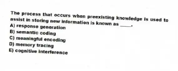 The process that occurs when preexisting knowledge is used to assist in storing new information is known as _____.
A) response generation
B) semantic coding
C) meaningful encoding
D) memory tracing
E) cognitive interference