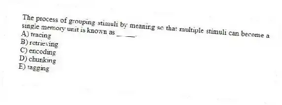 The process of grouping stimuli by meaning so that multiple stimuli can become a single memory unit is known as _____.
A) tracing
B) retrieving
C) encoding
D) chunking
E) tagging