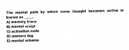 The mental path by which some thought becomes active is known as _____.
A) memory trace
B) mental script
C) activation node
D) memory tag
E) mental schema