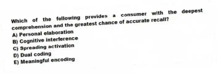 Which of the following provides a consumer with the deepest comprehension and the greatest chance of accurate recall?
A) Personal elaboration
B) Cognitive interference
C) Spreading activation
D) Dual coding
E) Meaningful encoding