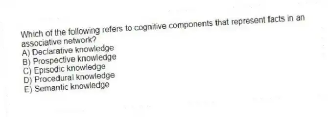 Which of the following refers to cognitive components that represent facts in an associative network?
A) Declarative knowledge
B) Prospective knowledge
C) Episodic knowledge
D) Procedural knowledge
E) Semantic knowledge