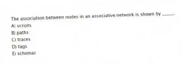 The association between nodes in an associative network is shown by _____.
A) scripts
B) paths
C) traces
D) tags
E) schemas