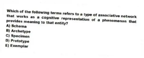 Which of the following terms refers to a type of associative network that works as a cognitive representation of a phenomenon that provides meaning to that entity?
A) Schema
B) Archetype
C) Specimen
D) Prototype
E) Exemplar