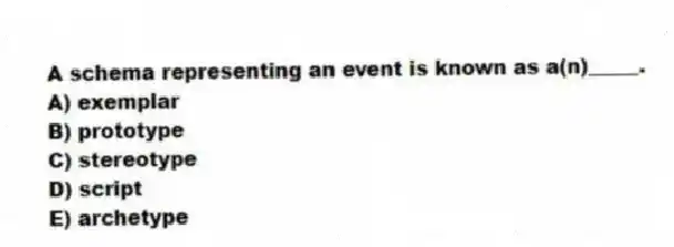 A schema representing an event is known as a(n)_____.
A) exemplar
B) prototype
C) stereotype
D) script
E) archetype