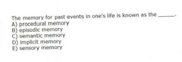 The memory for past events in one's life is known as the _____.
A) procedural memory
B) episodic memory
C) semantic memory
D) implicit memory
E) sensory memory