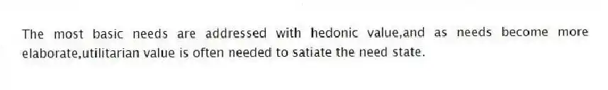 The most basic needs are addressed with hedonic value,and as needs become more elaborate,utilitarian value is often needed to satiate the need state.