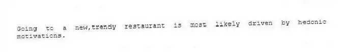 Going to a new,trendy restaurant is most likely driven by hedonic motivations.