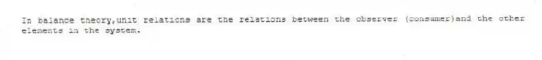 In balance theory,unit relations are the relations between the observer (consumer)and the other elements in the system.