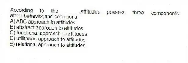 According to the _____,attitudes possess three components: affect,behavior,and cognitions.
A) ABC approach to attitudes
B) abstract approach to attitudes
C) functional approach to attitudes
D) utilitarian approach to attitudes
E) relational approach to attitudes