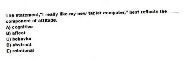 The statement,"I really like my new tablet computer," best reflects the _____ component of attitude.
A) cognitive
B) affect
C) behavior
D) abstract
E) relational