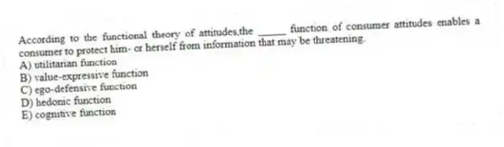 According to the functional theory of attitudes,the _____ function of consumer attitudes enables a consumer to protect him- or herself from information that may be threatening.
A) utilitarian function
B) value-expressive function
C) ego-defensive function
D) hedonic function
E) cognitive function