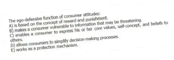 The ego-defensive function of consumer attitudes:
A) is based on the concept of reward and punishment.
B) makes a consumer vulnerable to information that may be threatening.
C) enables a consumer to express his or her core values, self-concept, and beliefs to others.
D) allows consumers to simplify decision-making processes.
E) works as a protection mechanism.