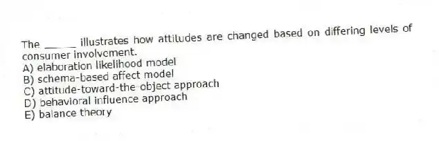 The _____ illustrates how attitudes are changed based on differing levels of consumer involvement.
A) elaboration likelihood model
B) schema-based affect model
C) attitude-toward-the-object approach
D) behavioral influence approach
E) balance theory