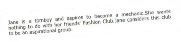 Jane is a tomboy and aspires to become a mechanic.She wants nothing to do with her friends' Fashion Club.Jane considers this club to be an aspirational group.