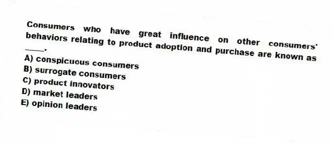 Consumers who have great influence on other consumers' behaviors relating to product adoption and purchase are known as _____.
A) conspicuous consumers
B) surrogate consumers
C) product innovators
D) market leaders
E) opinion leaders