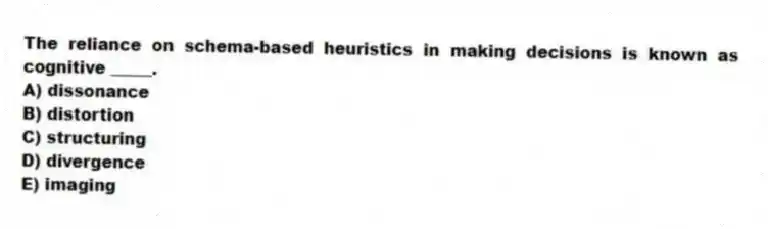 The reliance on schema-based heuristics in making decisions is known as cognitive _____.
A) dissonance
B) distortion
C) structuring
D) divergence
E) imaging