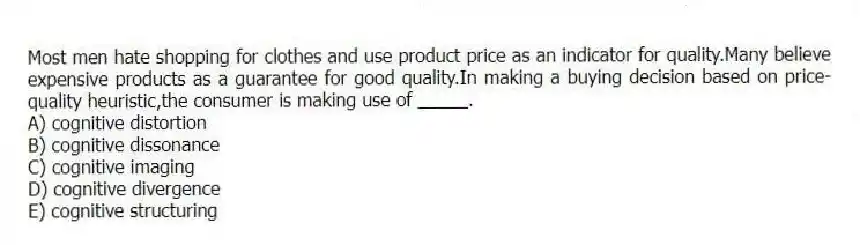 Most men hate shopping for clothes and use product price as an indicator for quality.Many believe expensive products as a guarantee for good quality.In making a buying decision based on price-quality heuristic,the consumer is making use of _____.
A) cognitive distortion
B) cognitive dissonance
C) cognitive imaging
D) cognitive divergence
E) cognitive structuring