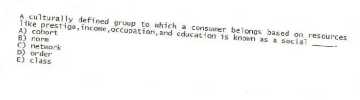 A culturally defined group to which a consumer belongs based on resources like prestige,income,occupation,and education is known as a social _____.
A) cohort
B) norm
C) network
D) order
E) class