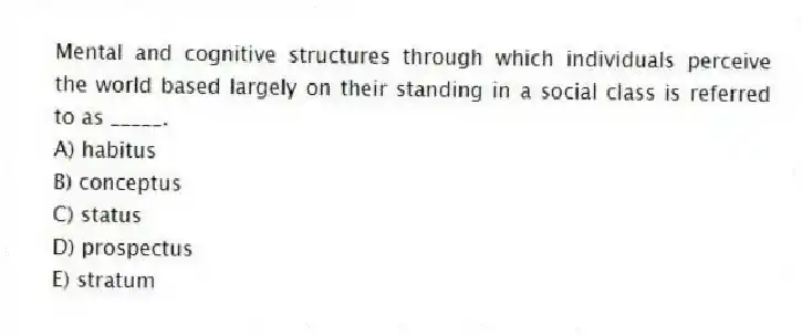 Mental and cognitive structures through which individuals perceive the world based largely on their standing in a social class is referred to as _____.
A) habitus
B) conceptus
C) status
D) prospectus
E) stratum