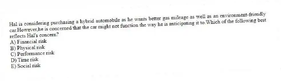 Hal is considering purchasing a hybrid automobile as he wants better gas mileage as well as an environment-friendly car.However,he is concerned that the car might not function the way he is anticipating it to.Which of the following best reflects Hal's concern?
A) Financial risk
B) Physical risk
C) Performance risk
D) Time risk
E) Social risk