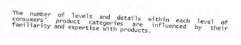 The number of levels and details within each level of consumers' product categories are influenced by their familiarity and expertise with products.