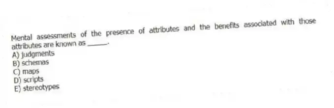 Mental assessments of the presence of attributes and the benefits associated with those attributes are known as _____.
A) judgments
B) schemas
C) maps
D) scripts
E) stereotypes