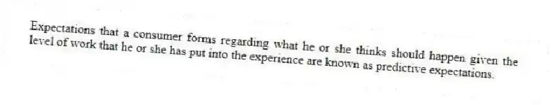 Expectations that a consumer forms regarding what he or she thinks should happen given the level of work that he or she has put into the experience are known as predictive expectations.