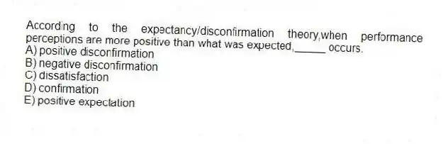 According to the expectancy/disconfirmation theory,when performance perceptions are more positive than what was expected,_____ occurs.
A) positive disconfirmation
B) negative disconfirmation
C) dissatisfaction
D) confirmation
E) positive expectation