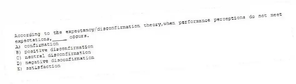 According to the expectancy/disconfirmation theory,when performance perceptions do not meet expectations,_____ occurs.
A) confirmation
B) positive disconfirmation
C) neutral disconfirmation
D) negative disconfirmation
E) satisfaction