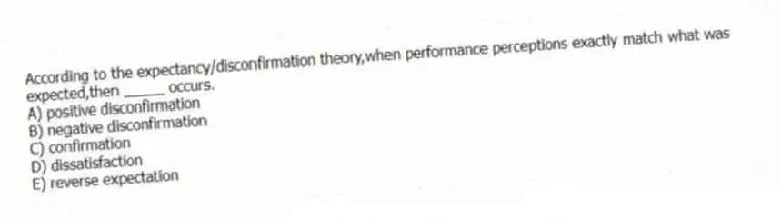 According to the expectancy/disconfirmation theory,when performance perceptions exactly match what was expected,then _____ occurs.
A) positive disconfirmation
B) negative disconfirmation
C) confirmation
D) dissatisfaction
E) reverse expectation
