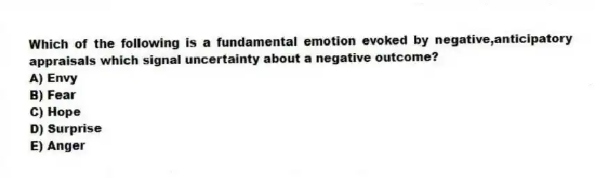 Which of the following is a fundamental emotion evoked by negative,anticipatory appraisals which signal uncertainty about a negative outcome?
A) Envy
B) Fear
C) Hope
D) Surprise
E) Anger
