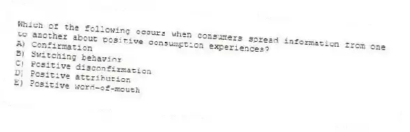 Which of the following occurs when consumers spread information from one to another about positive consumption experiences?
A) Confirmation
B) Switching behavior
C) Positive disconfirmation
D) Positive attribution
E) Positive word-of-mouth