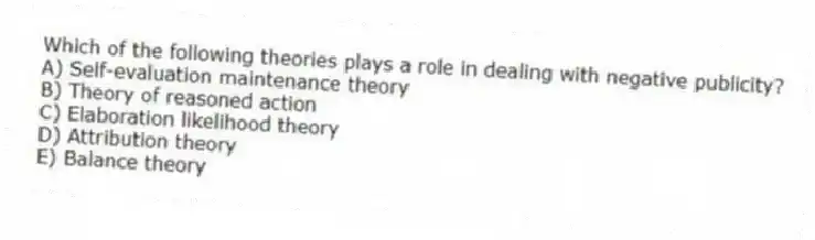 Which of the following theories plays a role in dealing with negative publicity?
A) Self-evaluation maintenance theory
B) Theory of reasoned action
C) Elaboration likelihood theory
D) Attribution theory
E) Balance theory