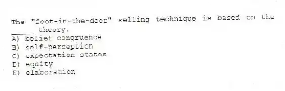 The "foot-in-the-door" selling technique is based on the _____ theory.
A) belief congruence
B) self-perception
C) expectation states
D) equity
E) elaboration