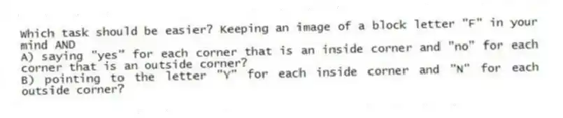Which task should be easier? Keeping an image of a block letter "F" in your mind AND
A) saying "yes" for each corner that is an inside corner and "no" for each corner that is an outside corner?
B) pointing to the letter "Y" for each inside corner and "N" for each outside corner?