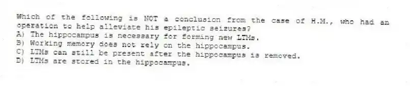 Which of the following is NOT a conclusion from the case of H.M., who had an operation to help alleviate his epileptic seizures?
A) The hippocampus is necessary for forming new LTMs.
B) Working memory does not rely on the hippocampus.
C) LTMs can still be present after the hippocampus is removed.
D) LTMs are stored in the hippocampus.