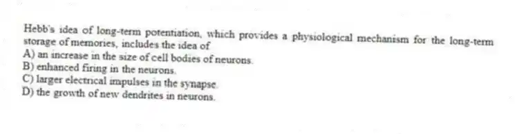 Hebb's idea of long-term potentiation, which provides a physiological mechanism for the long-term storage of memories, includes the idea of
A) an increase in the size of cell bodies of neurons.
B) enhanced firing in the neurons.
C) larger electrical impulses in the synapse.
D) the growth of new dendrites in neurons.