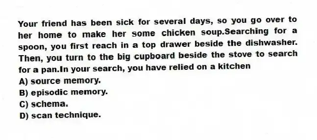 Your friend has been sick for several days, so you go over to her home to make her some chicken soup.Searching for a spoon, you first reach in a top drawer beside the dishwasher. Then, you turn to the big cupboard beside the stove to search for a pan.In your search, you have relied on a kitchen
A) source memory.
B) episodic memory.
C) schema.
D) scan technique.