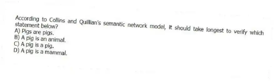 According to Collins and Quillian's semantic network model, it should take longest to verify which statement below?
A) Pigs are pigs.
B) A pig is an animal.
C) A pig is a pig.
D) A pig is a mammal.