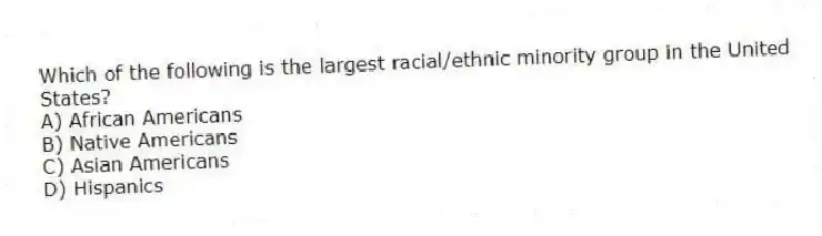 Which of the following is the largest racial/ethnic minority group in the United States?
A) African Americans
B) Native Americans
C) Asian Americans
D) Hispanics