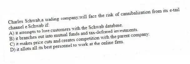 Charles Schwab,a trading company,will face the risk of cannibalization from its e-tail channel e.Schwab if:
A) it attempts to lure customers with the Schwab database.
B) it branches out into mutual funds and tax-deferred investments.
C) it makes price cuts and creates competition with the parent company.
D) it allots all its best personnel to work at the online firm.