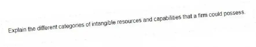 Explain the different categories of intangible resources and capabilities that a firm could possess.