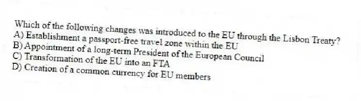 Which of the following changes was introduced to the EU through the Lisbon Treaty?
A) Establishment a passport-free travel zone within the EU
B) Appointment of a long-term President of the European Council
C) Transformation of the EU into an FTA
D) Creation of a common currency for EU members
