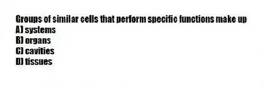 Groups of similar cells that perform specific functions make up
A) systems
B) organs
C) cavities
D) tissues