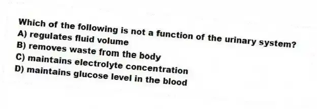 Which of the following is not a function of the urinary system?
A) regulates fluid volume
B) removes waste from the body
C) maintains electrolyte concentration
D) maintains glucose level in the blood