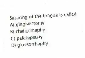 Suturing of the tongue is called
A) gingivectomy
B) cheilorrhaphy
C) palatoplasty
D) glossorrhaphy