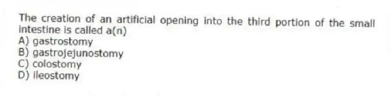 The creation of an artificial opening into the third portion of the small intestine is called a(n)
A) gastrostomy
B) gastrojejunostomy
C) colostomy
D) ileostomy