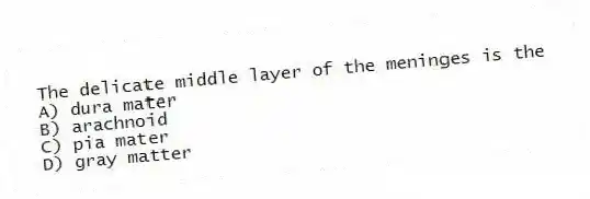 The delicate middle layer of the meninges is the
A) dura mater
B) arachnoid
C) pia mater
D) gray matter