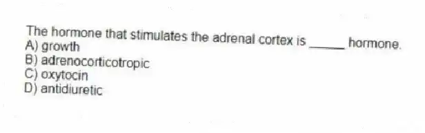 The hormone that stimulates the adrenal cortex is _____ hormone.
A) growth
B) adrenocorticotropic
C) oxytocin
D) antidiuretic